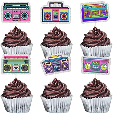 MEFENG 18Pcs Boombox Cupcake Toppers - 80s 90s Theme Party Decorations - Retro 90's 80’s Cake Picks - Happy Birthday Party Supplies