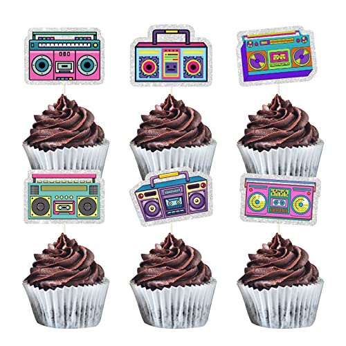 Mefeng 18Pcs Boombox Cupcake Toppers - 80S 90S Theme Party Decorations - Retro 90'S 80’S Cake Picks - Happy Birthday Party Supplies #TOP2