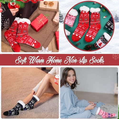 Image of Handepo 12 Pairs Fluffy Thermal Slipper Socks with Grippers Non Skid Knit Christmas Sock Soft Winter Thick Socks for Women (Stylish Style)
