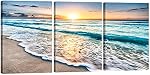 Pyradecor 3 Panneaux Blue Beach Sunrise White Wave Images Peinture sur toile Mur Art moderne Échelle et encadrée paysage de mer Giclee Canvas Imprimés Vue sur la mer Paysage Artwork pour la maison Bureau Décorations