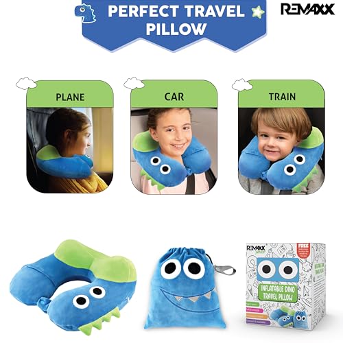 Image of REMAXX Inflatable Kids Travel Neck Pillow for Boys and Girls for Car Airplane Compact Washable Soft Cozy Quick Inflation Camel Head Design with Included Carrybag with Free Sketch for Coloring the Box
