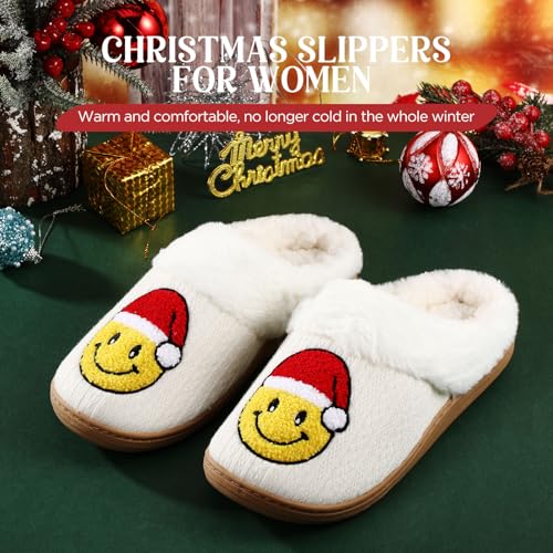 Cuffbow Christmas Slippers for Women House Shoes Reindeer Christmas Tree Smile Face Fuzzy Ugly Slippers for Holiday Xmas3