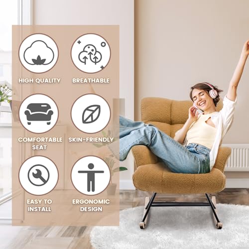 Image of SAETSFEG Rocking Chair Nursery Teddy Upholstered Glider Rocker Rocking Accent Chair Padded Seat with High Backrest Armchair Comfy Side Chair for Living Room Bedroom Offices (Brown Teddy)