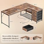 PRAISUN 61" L Shaped Desk with Power Outlets and USB-C Port, Reversible Computer Corner Office Desk with 4 Fabric Drawers and 2 Height-Adjustable Shelves, Large for Gaming Writing Study, Rustic Brown - Image 3