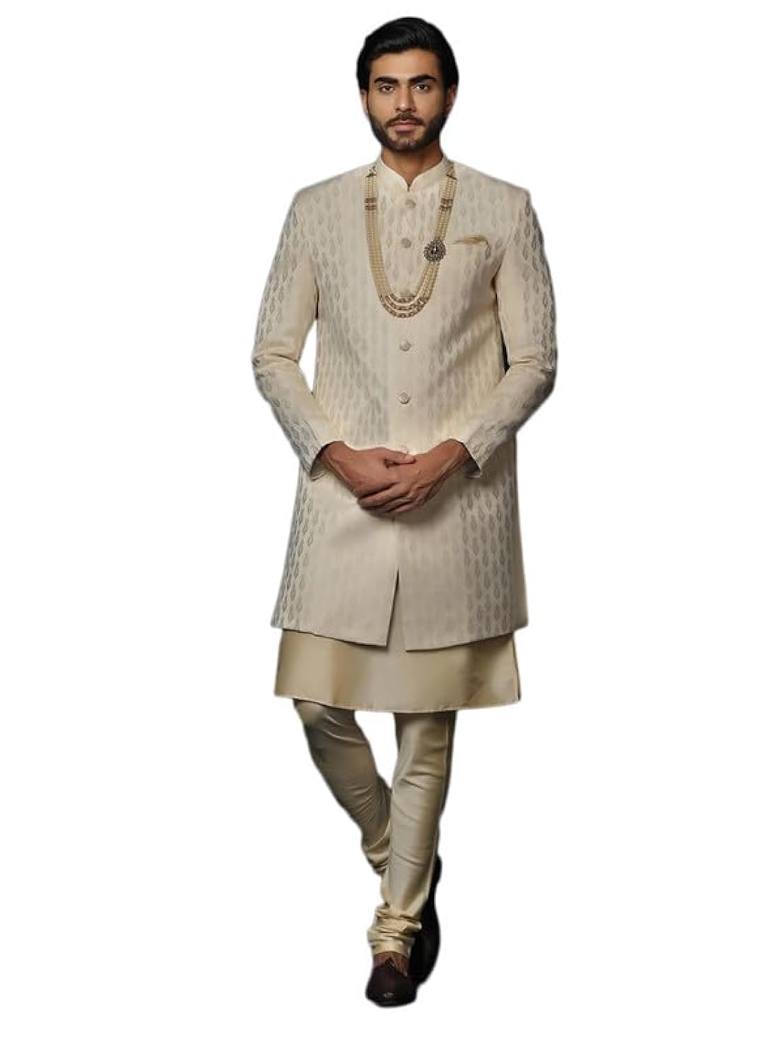 kisah Men's Kurta Sherwani Churidar Set Indo-Western, Cream Cotton Blend, Self Design Long Sleeves Regular Fit Mandarin Collar, 36-picture-31