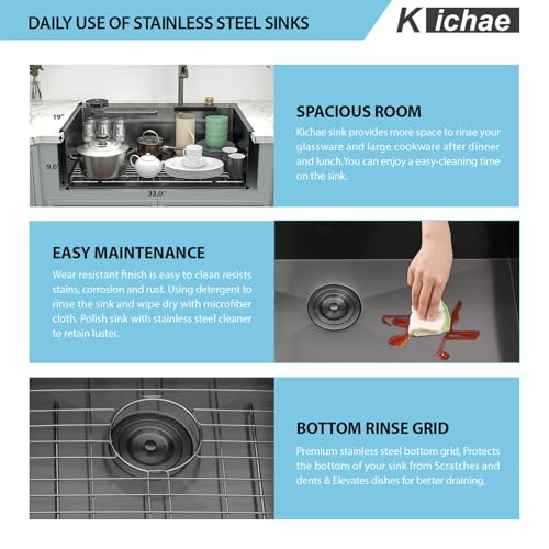 Image of Kichae 33x19 Gunmetal Black Kitchen Sink Drop In Waterfall Stainless Steel