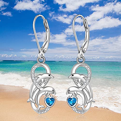 Dolphin Earrings for Women Sterling Silver Infinity Summer Dolphins Dangle Earrings Blue Heart Cute Ocean Animal Nautical Jewelry Christmas Gift 5