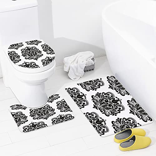 URSOPET Badezimmer Set, rutschfeste Badematte und WC-Vorleger-Set, Barocke schöne Damast-Muster-Schwarz-Spitze-weiße… – Bild 4