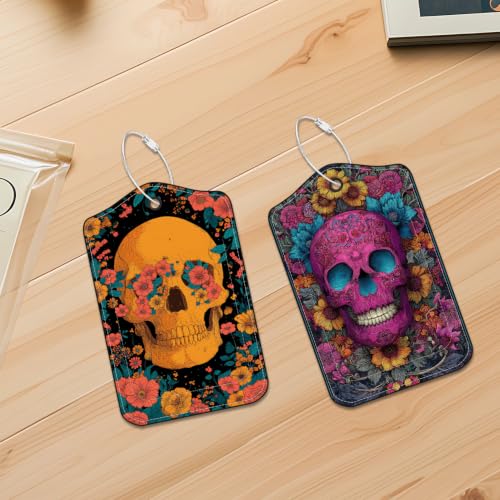 Image of Floral Skull Luggage Tags 2 Pack, PU Leather Privacy Flap