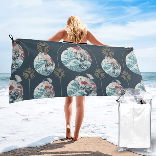 和風 鯉柄 ビーチマット大判マイクロファイバー ラージサイズファミリービーチタオル 温泉ピクニックマットふわふわ 27.5"X55"