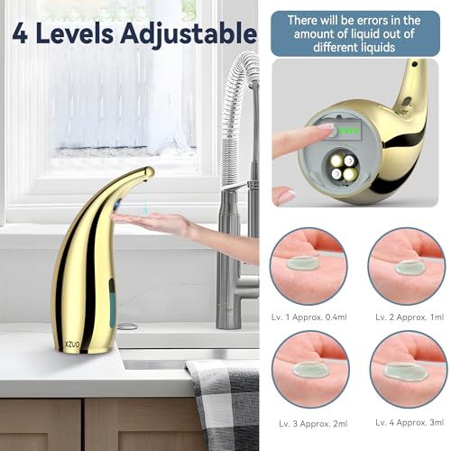 Image of Automatic Soap Dispenser with Infrared Sensor - Adjustable 4-Level Touchless Hand Soap for Kitchen, Bathroom - Battery Operated Electric Dispenser, Durable Plastic, Smart Soap Holder (Gold)