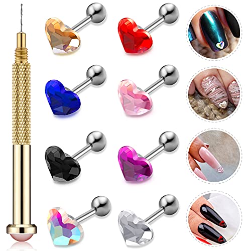 17 Pieces Nail Dangle Charms with Nail Piercing Tool Hand Drill, Glitter Heart Nail Pierced Art Piercing Charms Pierced Nail Supplies for Tips, Acrylic, Gels Decorations