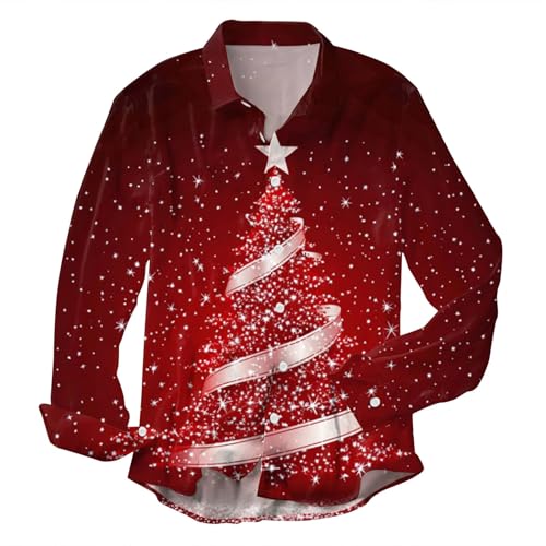 Camisa genérica Hombre De Navidad Camisa Hawaiana Camisa De Manga Larga De Navidad Camisa De Navidad Para Hombre Camiseta De Manga Larga Para Hombres Día De Navidad Hombre Ropa Camisa, Brick rojo #2,