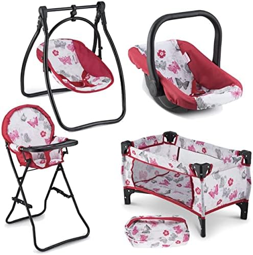 Litti Pritti Baby Doll Accessories - 4-Piece Baby Doll Furniture Set for 18in Dolls - Includes Baby Dolls Swing, High Chair, Pack-N-Play & Carrier - Toys for 3-5 Year Olds - Gifts for Girls 3+