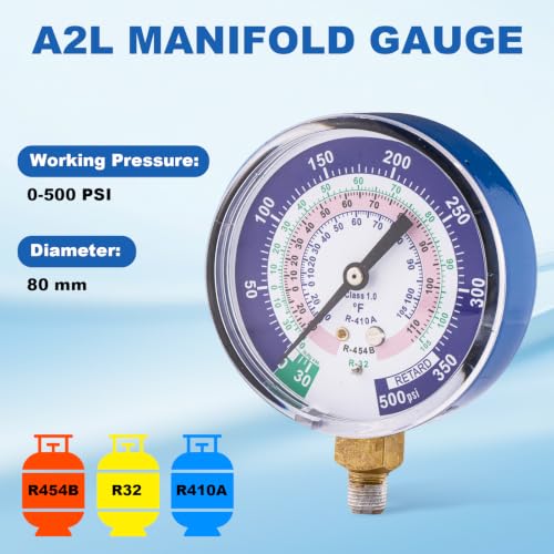 Image of A2L Manifold Gauge, R454B Blue Low Pressure Gauge, 1 /8 inch Male NPT (80 mm) Refrigerant Pressure Gauges for R-454B R-32 R410A HVAC System, 500 PSI (Blue)