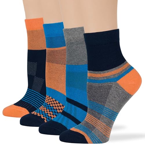 7BIGSTARS KINGDOM Women's Cotton Diabetic Quarter Mesh Fashion Socks - 4 Pack Medium - Extra Wide - Geometric Stripe - Sock Size 9-11 Shoe Size 5-9 M Dark Navy, Grey, Denim Blue, Salmon
