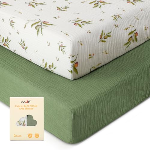 Image of SUOSDEY 2 Pack Muslin Crib Sheets for Boys Girls Soft Breathable 70% Viscose from Bamboo 30% Cotton, 52"x28" Neutral Standard Baby Crib Mattress Sheets Fitted
