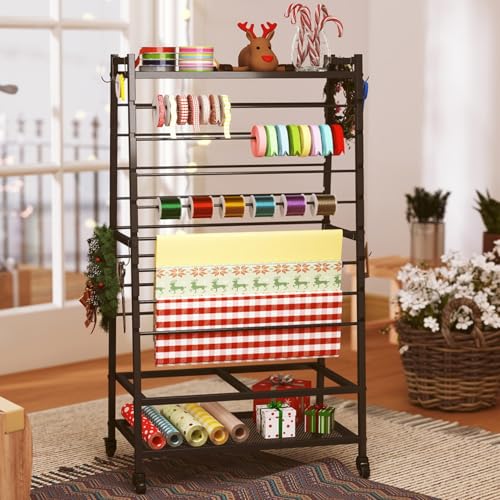 Image of Ribbon Holder-Ribbon Organizer, Double-Sided Ribbon Holder Organizer Rack,Large Capacity Rolling Gift Wrap Rack Ribbon Organizer for Craft Room