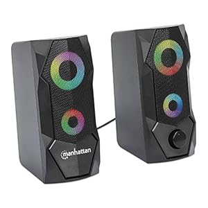 Manhattan USB Powered RBG Gaming Speakers – with Stereo Sound, Long 6ft Cord, Colorful Lights, Volume Control & 3.5 mm Audio Plug – for Computer, Monitor, Laptop, PC, Desktop -3 Yr Mfg Warranty–168359