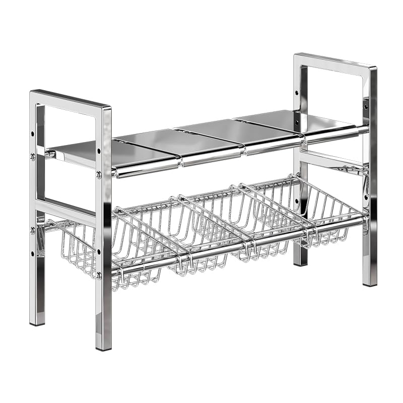 ADVEZO Large Under Sink Organizer 2 Tier Expandable Heavy Stainless Steel Shelf Adjustable Height for Under Kitchen Bathroom Sink Organizers and Storage (Large size: 4 panels 4 storage baskets)