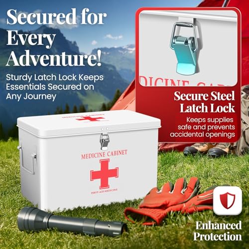 Image of Flexzion First Aid Box Organizer Empty with Lock - 13 inch White Vintage First Aid Kit Tin Metal Medical Box - First Aid Storage Bin Container with Dividers, Removable Tray and Red Cross Logo