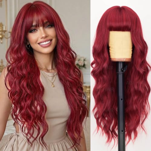 AISI HAIR Red Wig with Bangs Long Wavy Synthetic Wig for Women 26 Inch