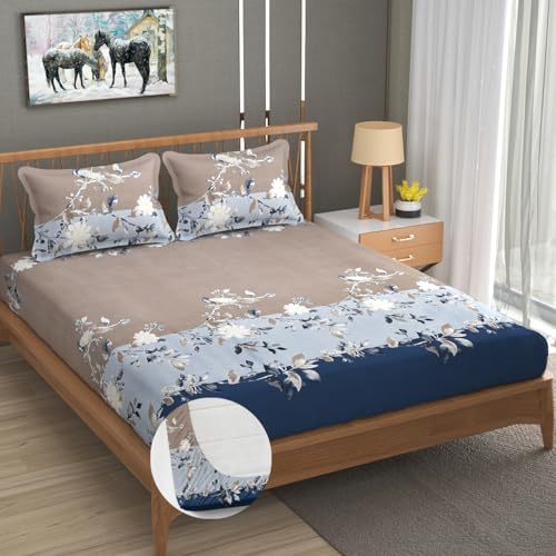 Image of Vram Premium Heavy Cotton Elastic Fitted Bedsheets with 2 King Size Pillow Covers || Double Bed with All Around Elastic 350 TC || 72 x 72 x 10 Inch King Size Fitted || :- Blue Tricolor