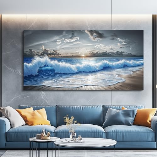 PHAOHUAXM Large Canvas Wall Decor For Living Room Wall Art For Bedroom Office Dining room Decor Modern Black White And Blue Ocean Wave Painting Printed Artworks Wall Pictures Home Decor 24"X48"