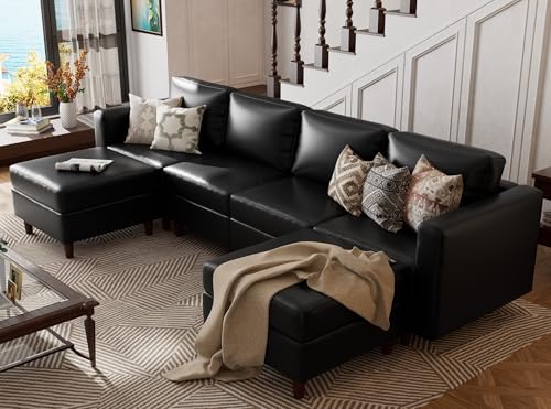 Image of ABCASA Oversized Modular Sectional Sofa, 118.5 inch Faux Leather 6 Seater U Shaped Couch with Movable Ottoman and Storage Seat with Reversible Chaise Deep Seat for Living Room Black