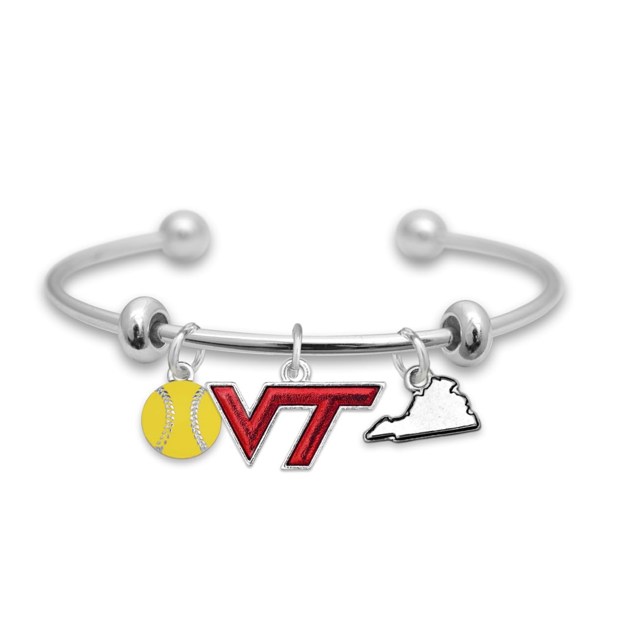 From the Heart Virginia Tech Hokies Softball Accent Charm Team Traditions Cuff Bracelet with Team Color Logo, Softball and State Accent Charm Officially Licensed Jewelry Fan VT
