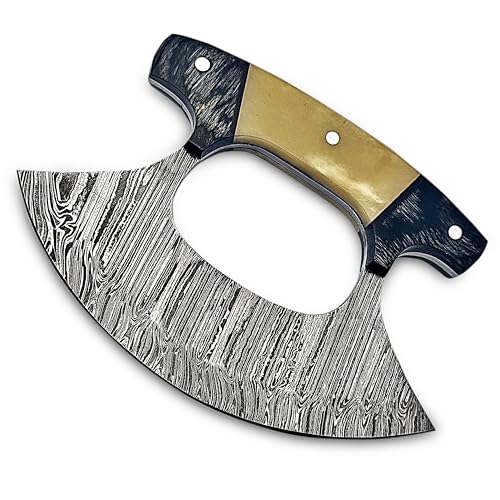HIVE BLADES Damascus Ulu Pizza Cutter Rocker Knife With Sheath - Mezzaluna for Slicing, Chopping, Camping, Outdoor Use - Wood & Bone Handle