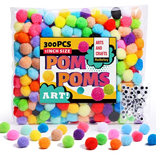 Aoibrloy [400 Pcs] 300PCS 1Inch Pom Poms with 100PCS Wiggle Eyes, Multicolor Craft Pom Pom Balls for Kids DIY Arts and Crafts Projects and Decorations