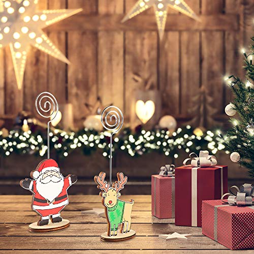 Picowe 12Packs Christmas Wood Place Card Holders with Swirl Wire and 20Pcs Kraft Place Cards, Wooden Table Memo Photo Picture Number Sign Stands Holder for Party Table Decorations
