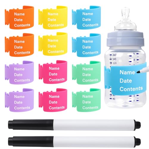 12PCS Silicone Baby Bottle Labels for Daycare - Writable Bottles Label + 2 Markers - Reusable & Anti-Slip Bottle Bands for Daycares - Write Name/Date Labels for Baby Bottles 6 Colors