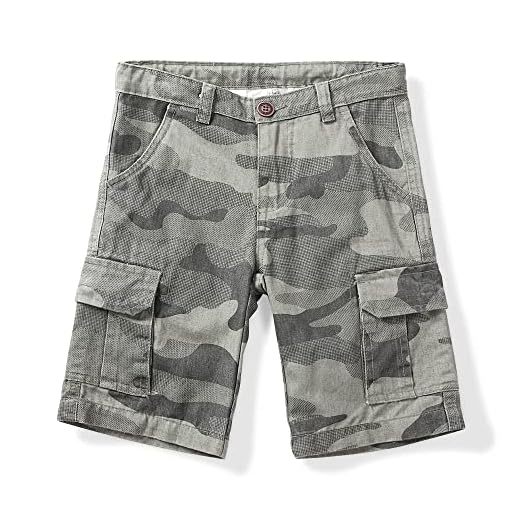 OCHENTA Short cargo décontracté pour garçon, pantalon camouflage militaire multi-poches pour petits enfants, camo grey, 8-9 Ans