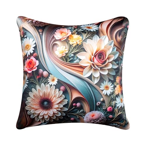 Image of 3D Decorative Satin Sofa Cushion Covers Set of 5, 16 inch x 16 inch, Sofa Cushion Pillow Cover, Zipper Closure, Green, Red and White, Spiral Bloom (16X16 Inches)