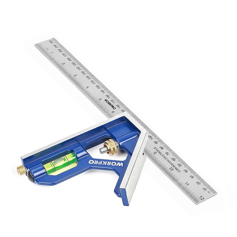 WORKPRO Escuadra Carpintero, Escuadra Combinada Ajustable, Regla de Ángulo de Acero Inoxidable de 300 mm, con Nivel de Burbuja, Escuadra para Carpintería Herramienta de Medición Multifuncional