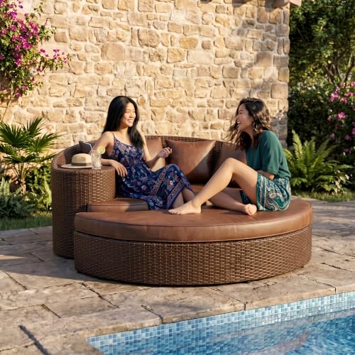 Image of BRISHI Outdoor Patio Daybed /Sunbed /Swimming Pool Side /Sun Lounger /Garden /Terrace /Balcony /Wicker and Rattan Daybed (Dark Brown)