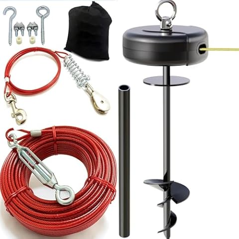 30ft Retractable Dog Tie Out Cable and Stake - No Tangle Retractable Dog Lead & Heavy Duty Aerial Dog Tie Out Trolley System for Small Cover