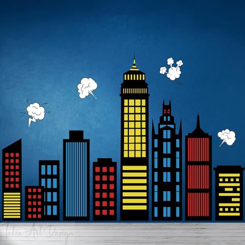 Superhero City Skyline Wall Decals - Colorful Cityscape Comic Scene
