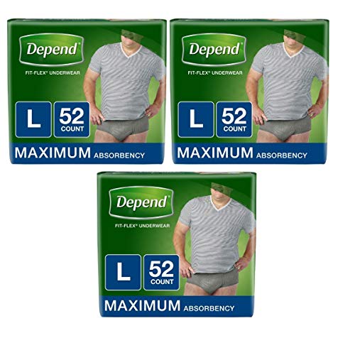 Depend FIT-Flex Incontinence Underwear for Men, Maximum Absorbency, Disposable, Large, Grey, 52 Count (3)