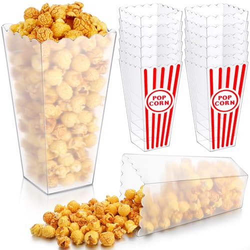 Reallnaive 12 Pack Plastic Popcorn Containers 7.48 x 3.94 Inch Clear Reusable Open-top Scalloped Popcorn Boxes Bucket DIY Snack Bowl for DIY Home Movie Night Wedding Birthday Carnival Party Supplies