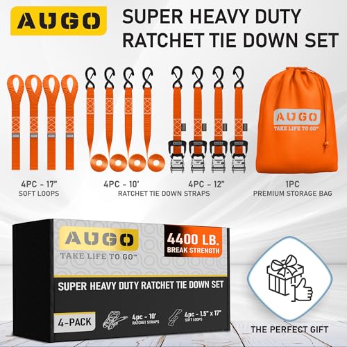 Image of AUGO Heavy Duty Ratchet Straps & Soft Loops - Pack of 4 Extra Strong 1.5 inch by 10' Ratchet Straps w /S-Hook Safety Latches & 4 Soft Loop Tie Downs - 4400Lb Break Strength for Motorcycles, ATVs, Etc.