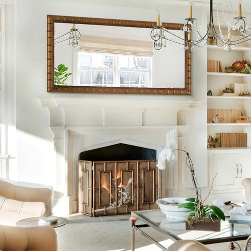 Image of Large Decorative Mirror for Wall, 60'' x 30'' Antiuqe Warm Gold Living Room Mirrors with Bamboo-Joint Frame, Classic Vintage Gold Wooden Mirror, Horizontal /Vertical