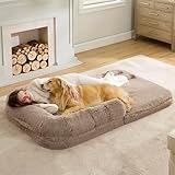 Bedsure Foldable Human Dog Bed for People Adults, 2 in 1 Calming Human Size Giant Dog Bed Fits Pet Families with Egg Foam Supportive Mat and Waterproof Liner, Faux Fur Orthopedic Dog Sofa, Camel