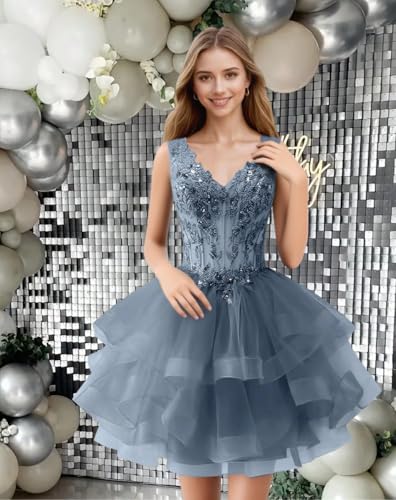 Aoruisen Sleeveless Tulle Homecoming Dresses V Neck Lace Appliques Mini Prom Cocktail Dress 5