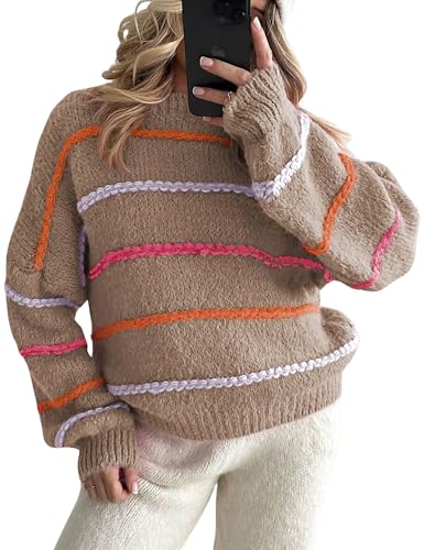 QIBABU Womens Striped Sweaters Casual Lantern Sleeve Color Block Knit Pullover Sweater Tops