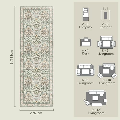 Image of Non-Slip Washable Runner Rug 2x6, Beige & Blue Vintage Design for Hallway, Kitchen, Laundry Room & Bathroom