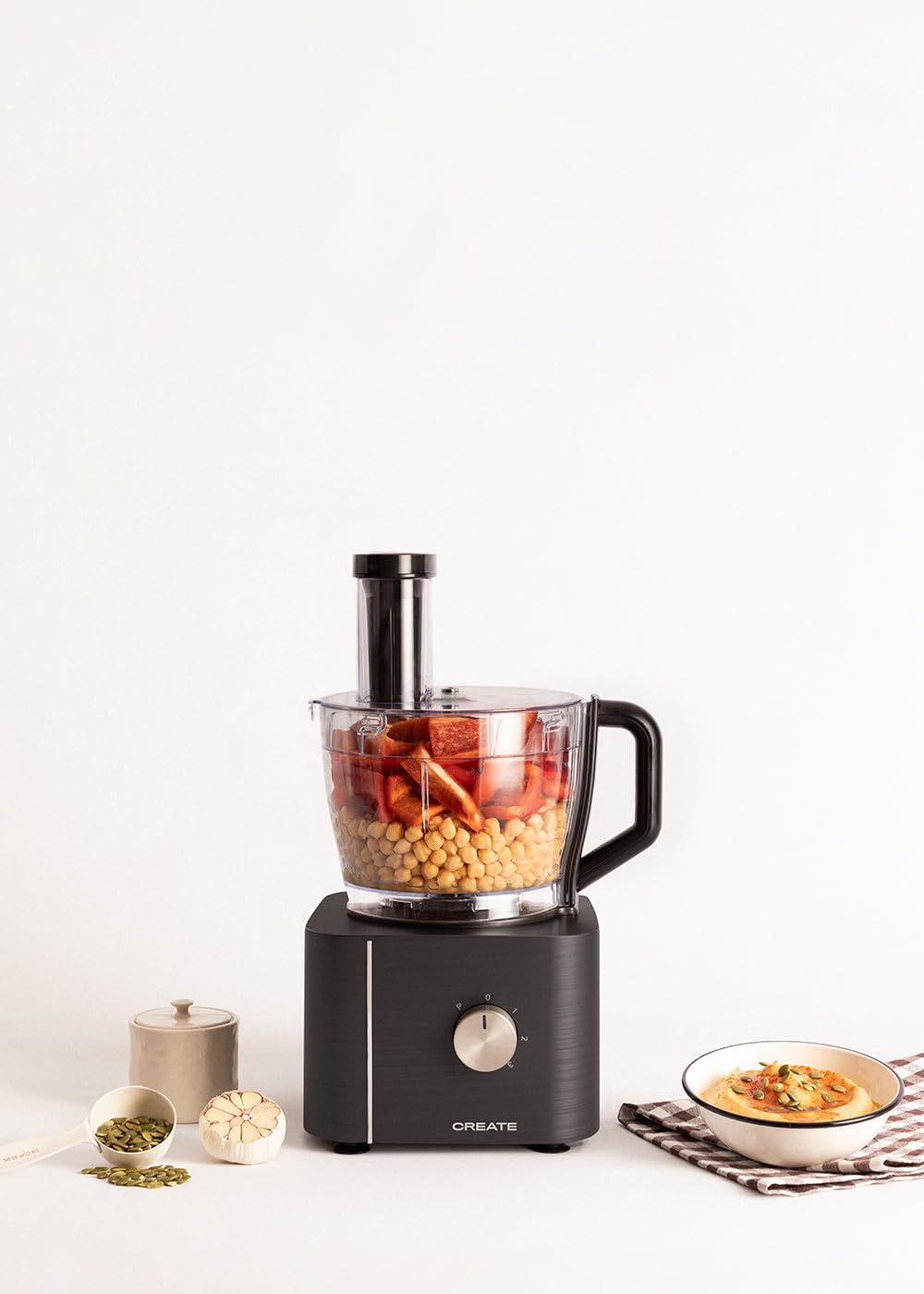 CREATE/CHEF CHOP/Procesador de alimentos negro/Robot de cocina multifunción, 10 modos, 3 velocidades, bol procesador 2L, cuchillas de acero inoxidable, 1100W