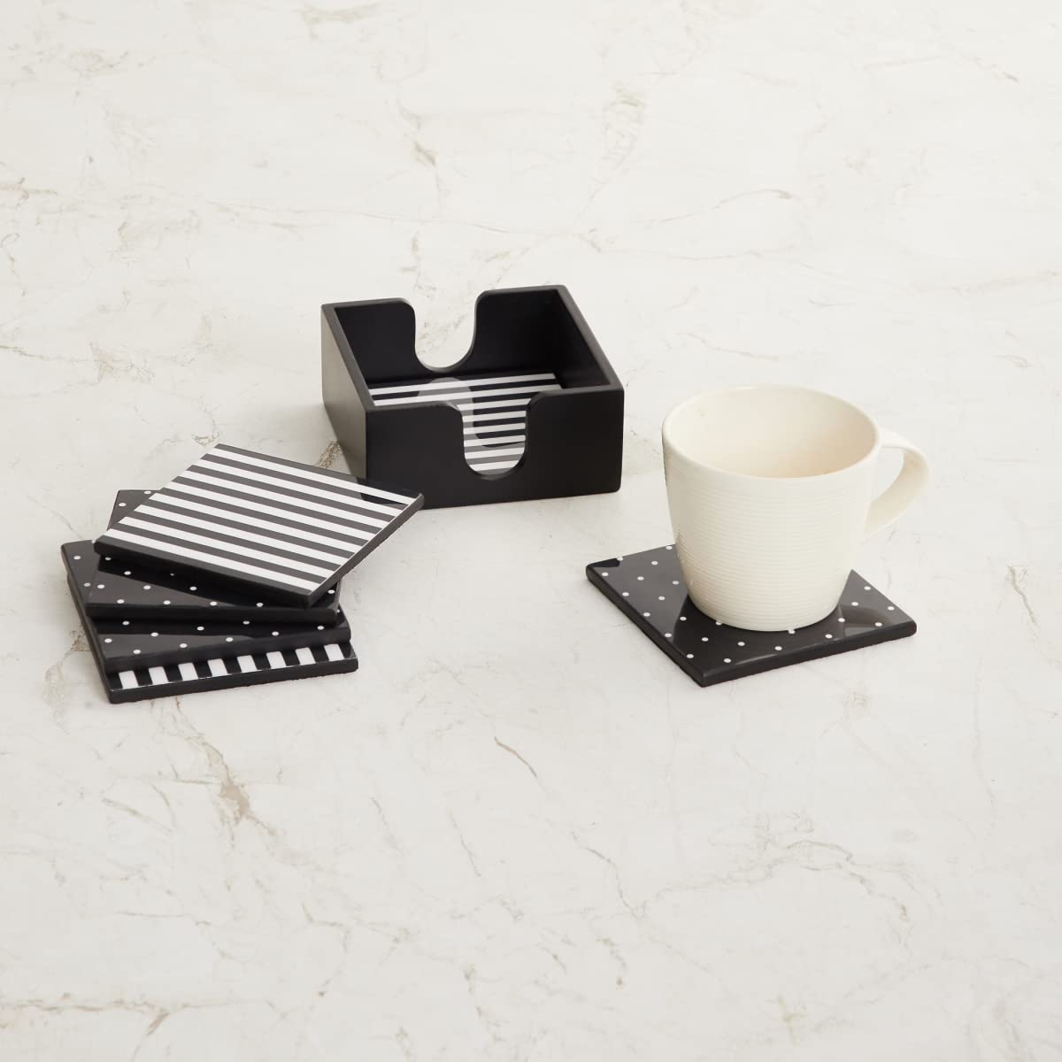 Home Centre Charlie Venice - Black and White Printed Coaster Set - 6Pcs